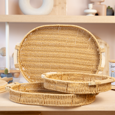 Rattan Ahşap Kulplu Tepsi Küçük Boy