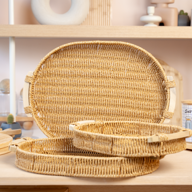 Rattan Ahşap Kulplu Tepsi Küçük Boy