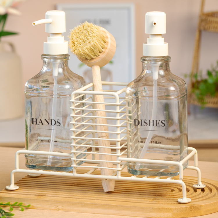 Krem Standlı Cam Sabunluk Seti 2'li