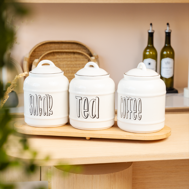 Seramik Büyük Boy Çay Şeker Kahve Kavanoz Seti 3'Lü