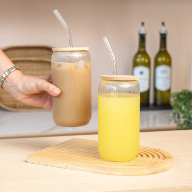 Bambu Kapaklı Pipetli Cam Bardak