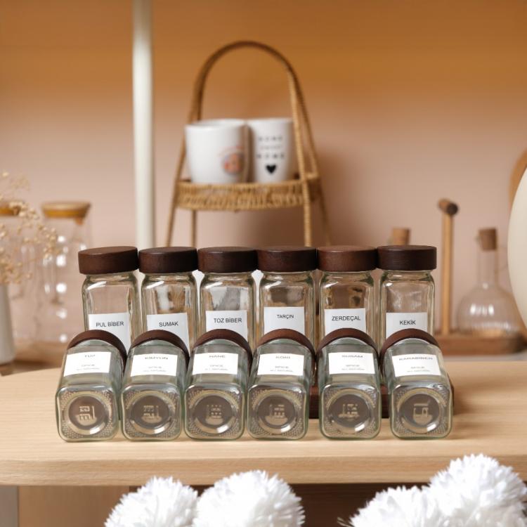 Akasya Kapaklı Cam Baharat Seti 12’li