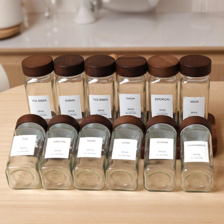 Akasya Kapaklı Cam Baharat Seti 12’li