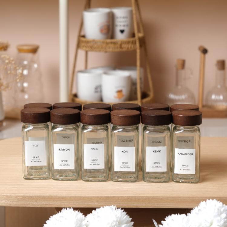 Akasya Kapaklı Cam Baharat Seti 12’li