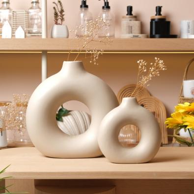 İkili Halka Seramik Vazo Krem