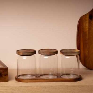 Akasya Kapaklı ve Standlı 3’lü Cam Saklama Kabı Seti