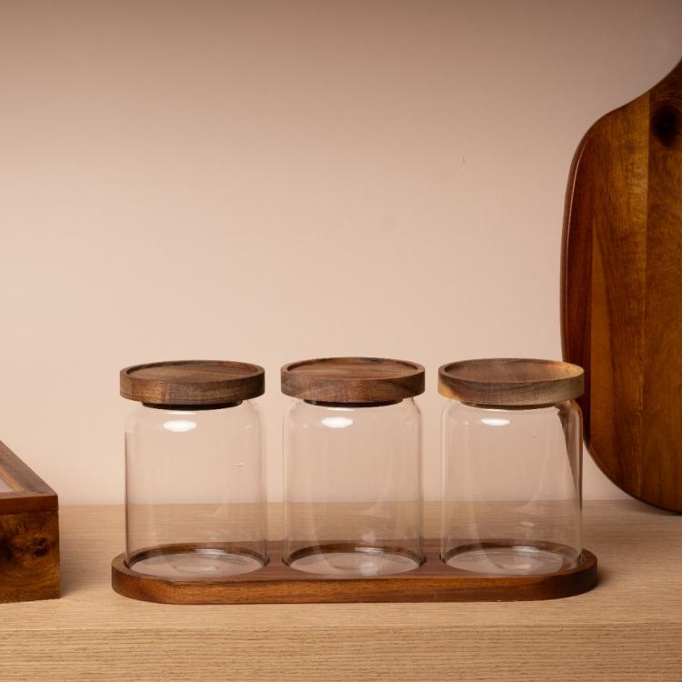 Akasya Kapaklı ve Standlı 3’lü Cam Saklama Kabı Seti