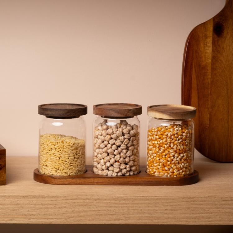 Akasya Kapaklı ve Standlı 3’lü Cam Saklama Kabı Seti