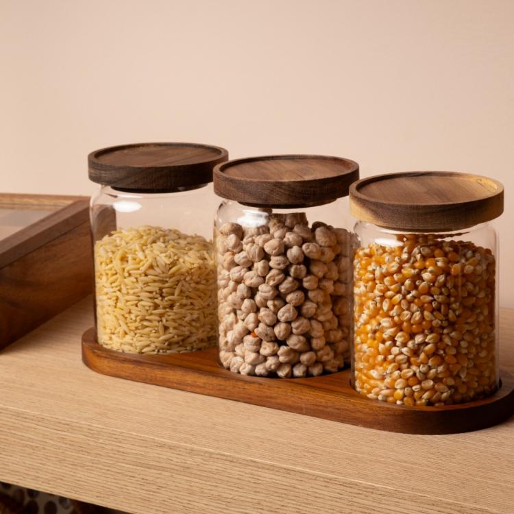 Akasya Kapaklı ve Standlı 3’lü Cam Saklama Kabı Seti