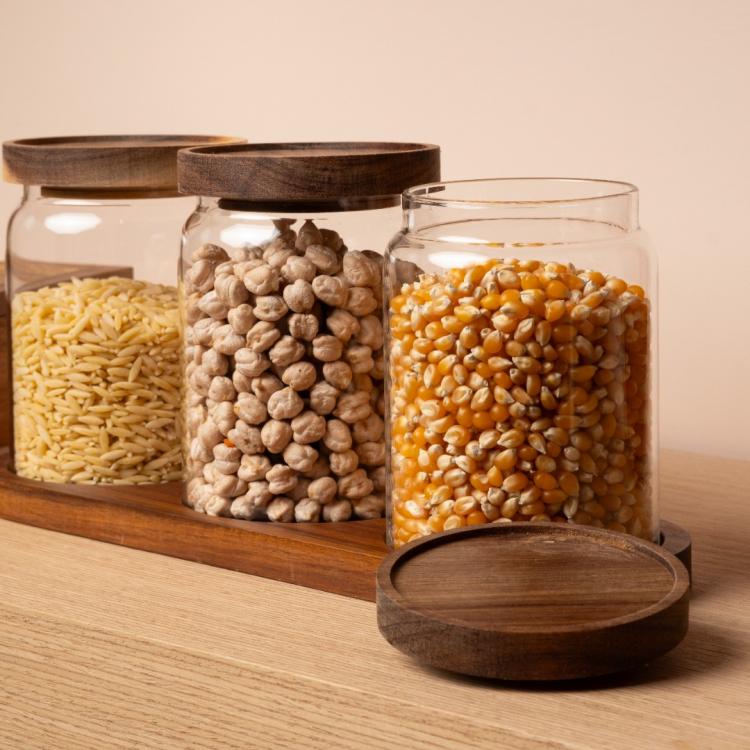 Akasya Kapaklı ve Standlı 3’lü Cam Saklama Kabı Seti