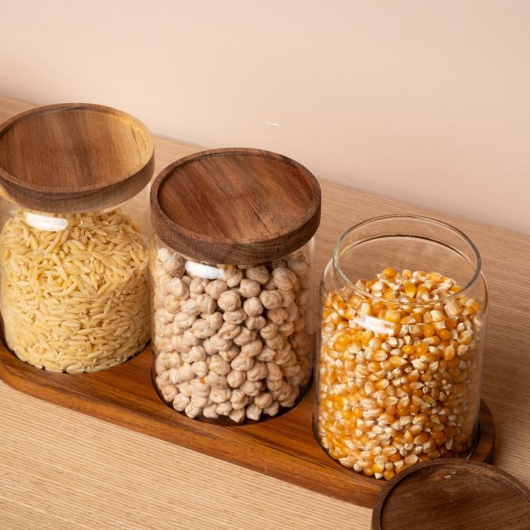 Akasya Kapaklı ve Standlı 3’lü Cam Saklama Kabı Seti